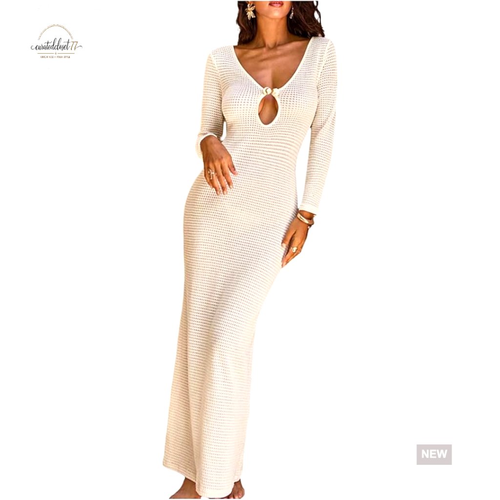 Crochet Long Sleeve Maxi Coverup Dress With Metal Cutouts